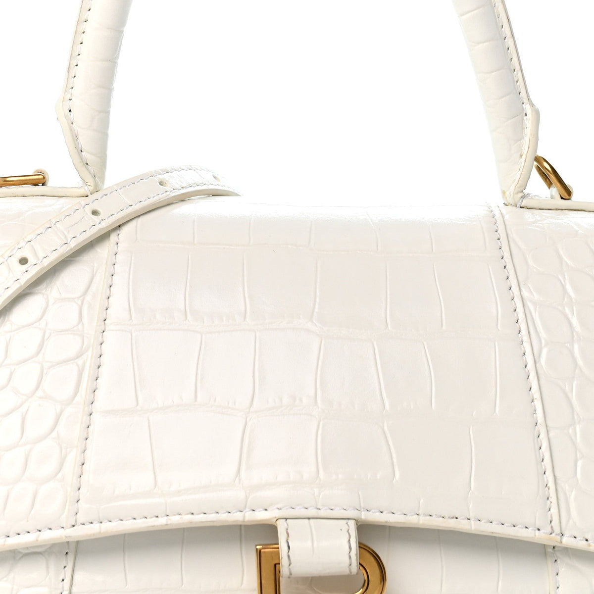 Calfskin Crocodile Embossed Small Hourglass Top Handle Bag White