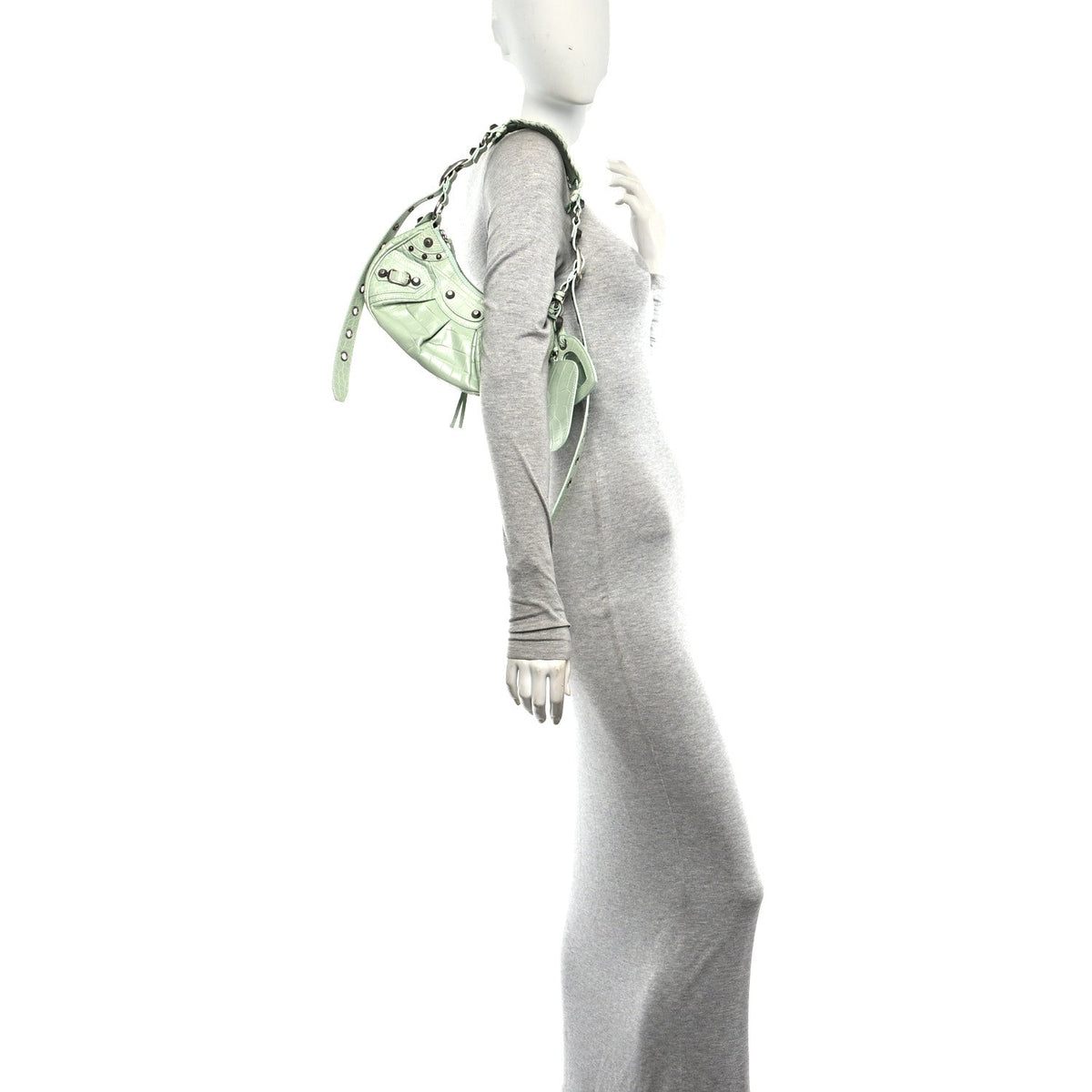 Extra Supple Calfskin Crocodile Embossed Le Cagole Shoulder Bag XS Light Green