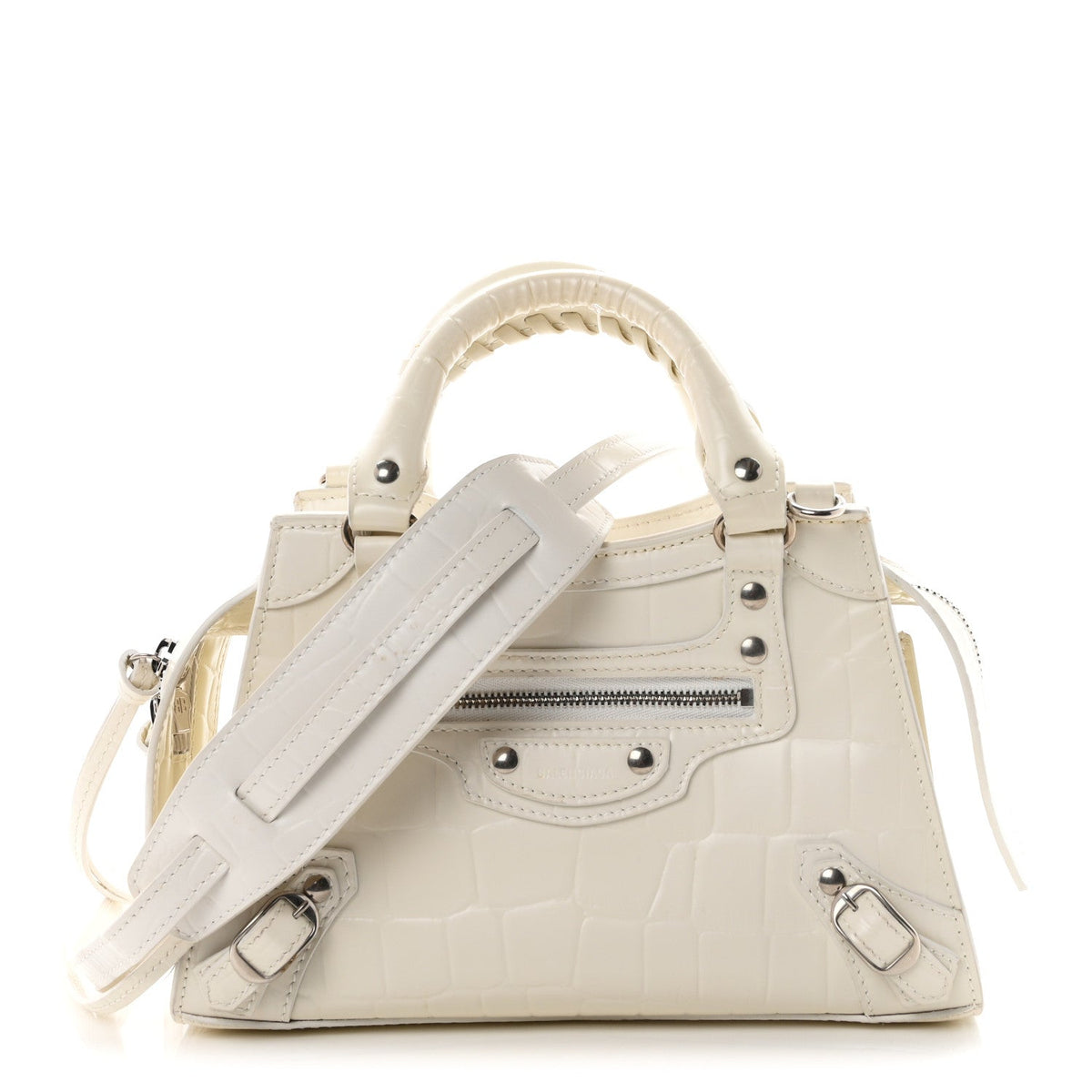 Semi Shiny Calfskin Crocodile Embossed Neo Classic Silver Hardware Mini City White