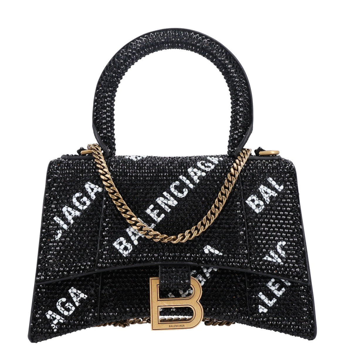 Strass Suede Allover Logo Hourglass Top Handle Bag XS with Chain Black White