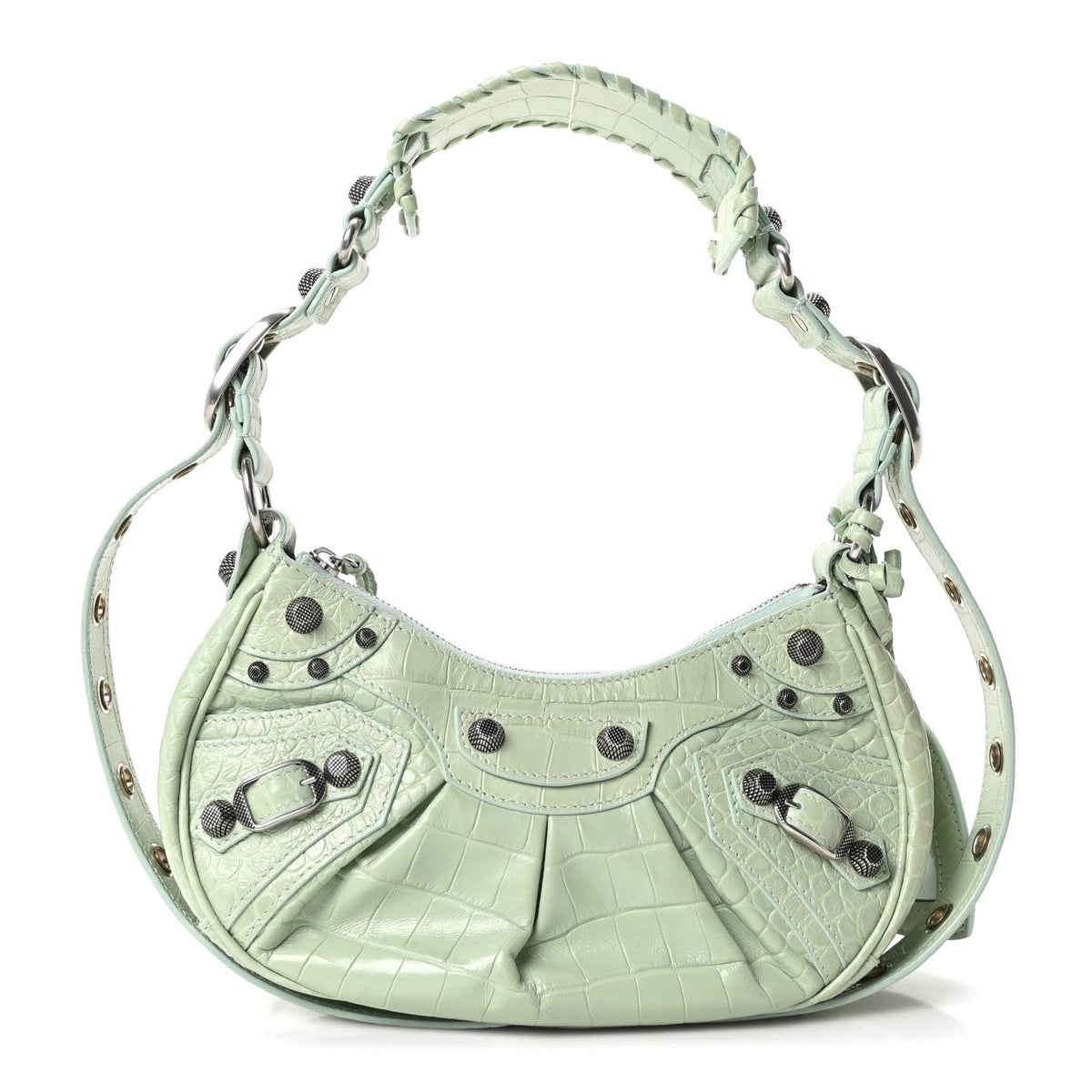Extra Supple Calfskin Crocodile Embossed Le Cagole Shoulder Bag XS Light Green