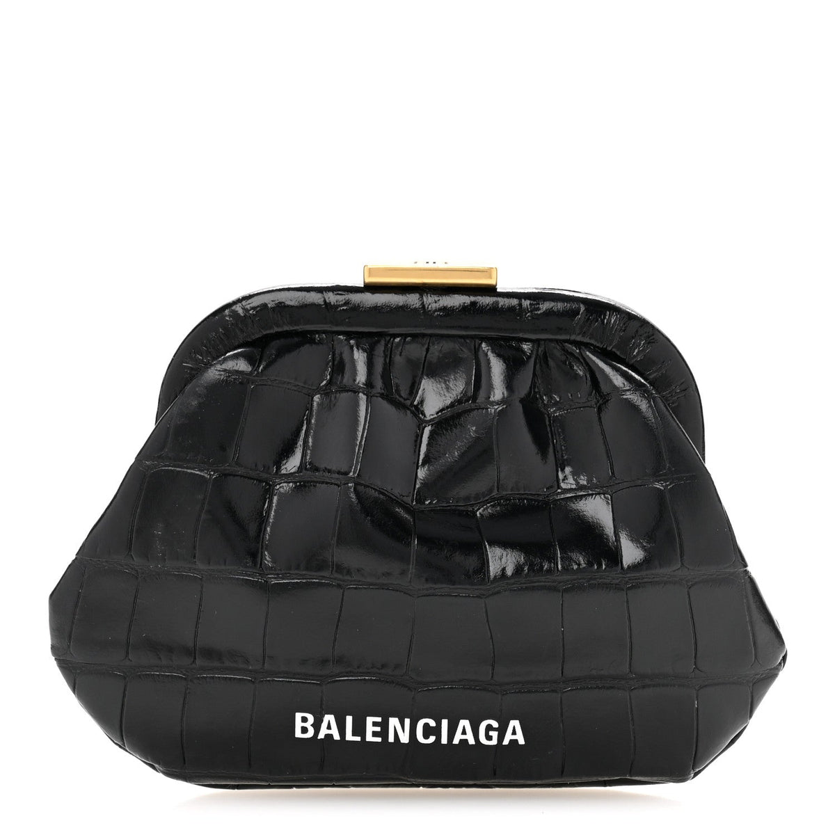 Shiny Supple Calfskin Logo Crocodile Embossed Cloud Coin Purse Black White