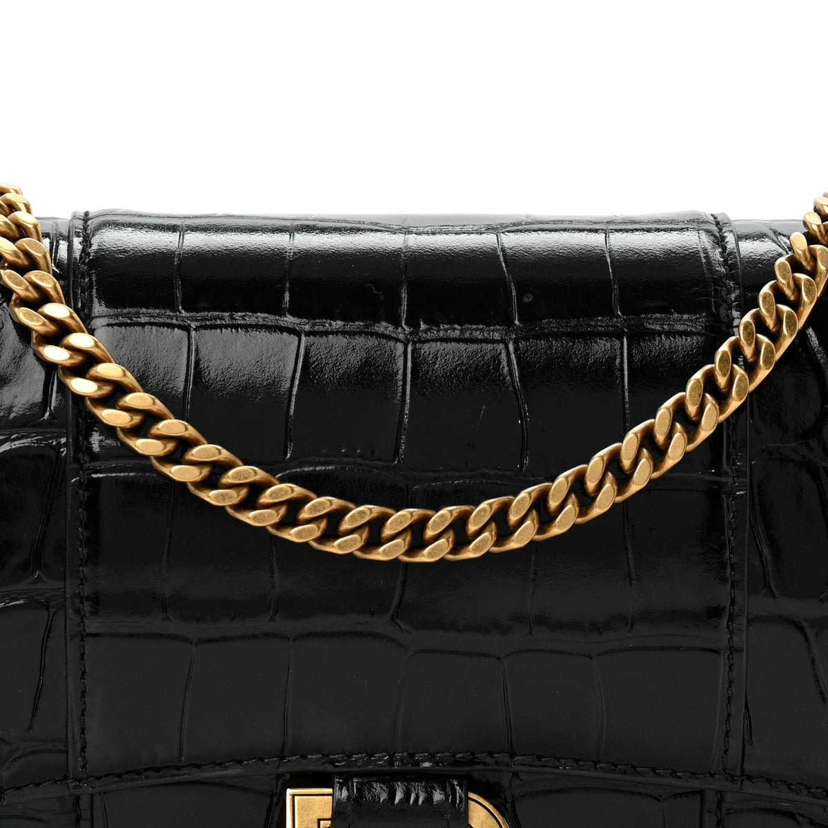Shiny Calfskin Crocodile Embossed Hourglass Chain Bag Black