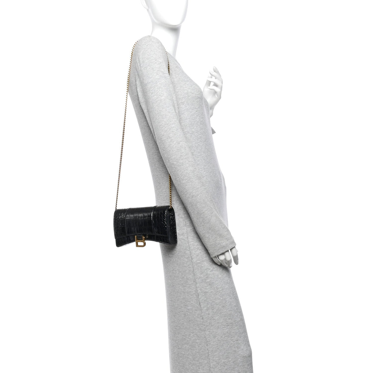 Shiny Calfskin Crocodile Embossed Hourglass Chain Bag Black