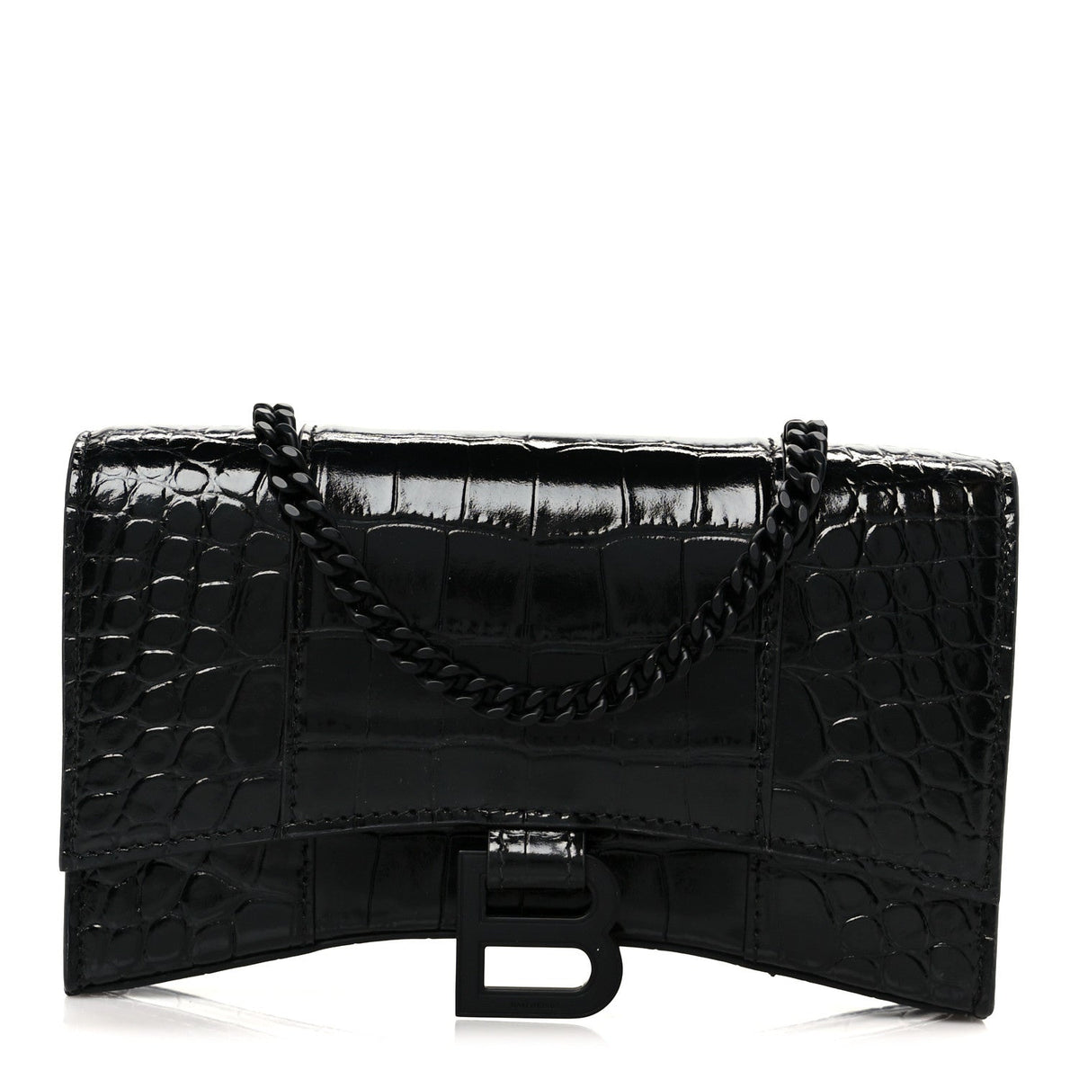 Shiny Calfskin Monochrome Crocodile Embossed Hourglass Chain Bag Black