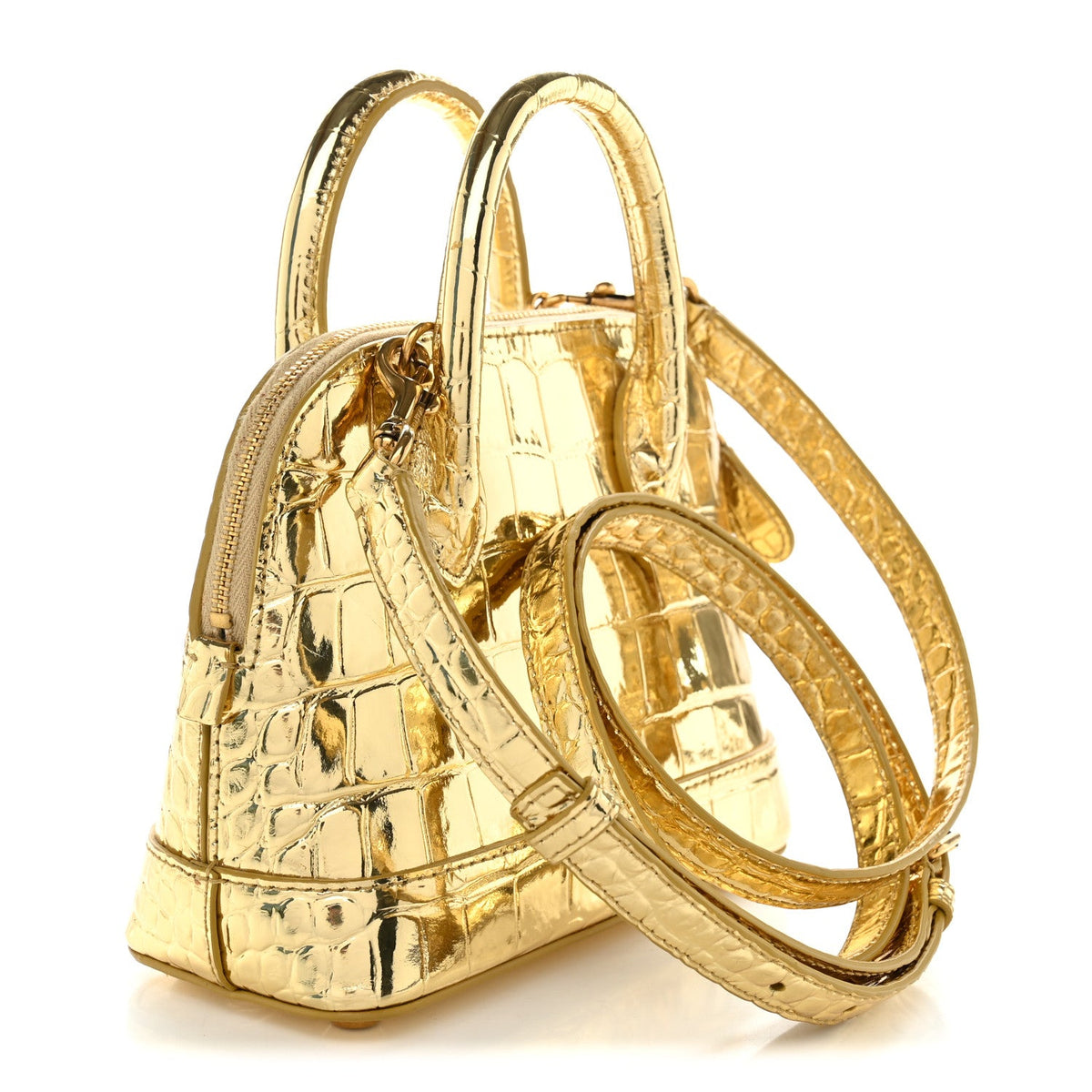 Metallic Calfskin Logo Crocodile Embossed XXS Ville Top Handle Bag Gold Black