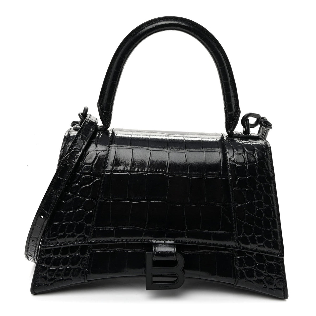 Shiny Calfskin Monochrome Crocodile Embossed Small Hourglass Top Handle Bag Black