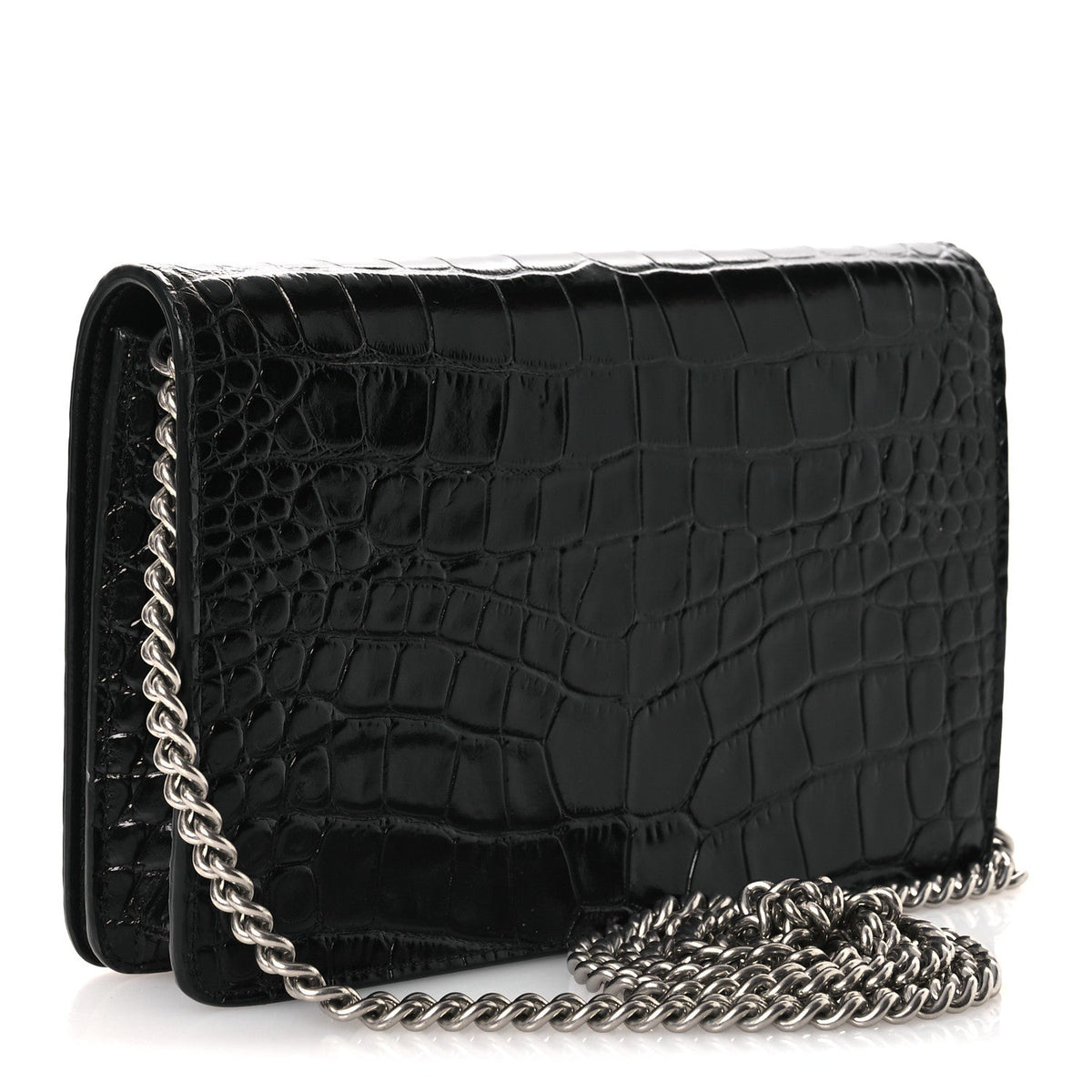 Shiny Calfskin Logo Crocodile Embossed Ville Wallet on Chain Black