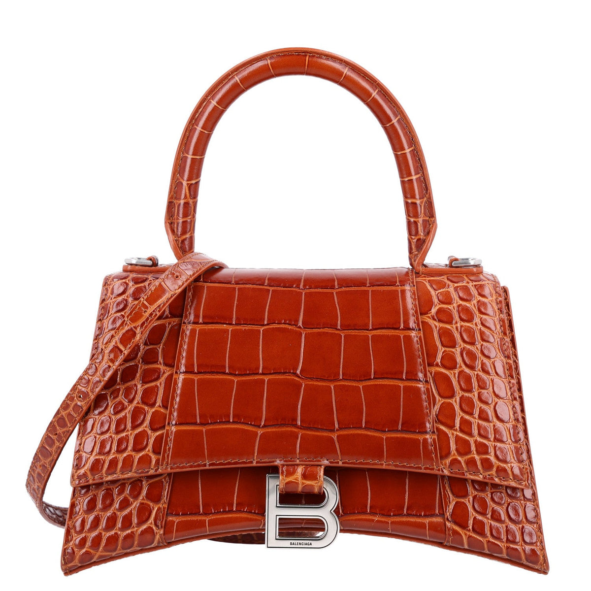 Shiny Calfskin Crocodile Embossed Small Hourglass Top Handle Bag Camel