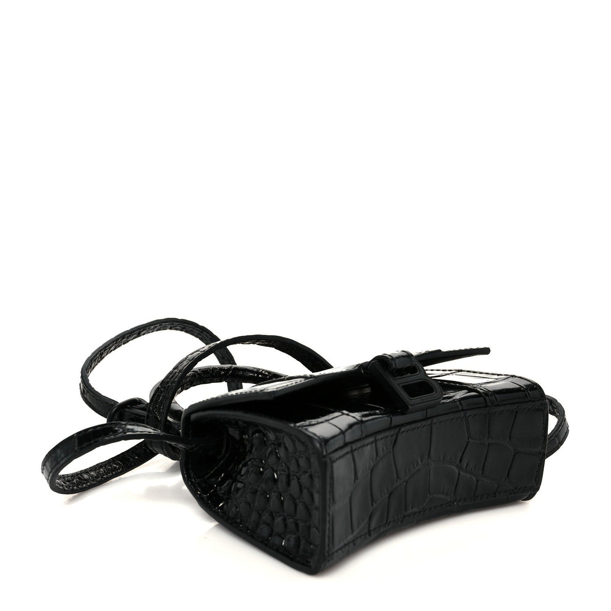 Shiny Calfskin Monochrome Crocodile Embossed Hourglass Top Handle Bag Mini Black