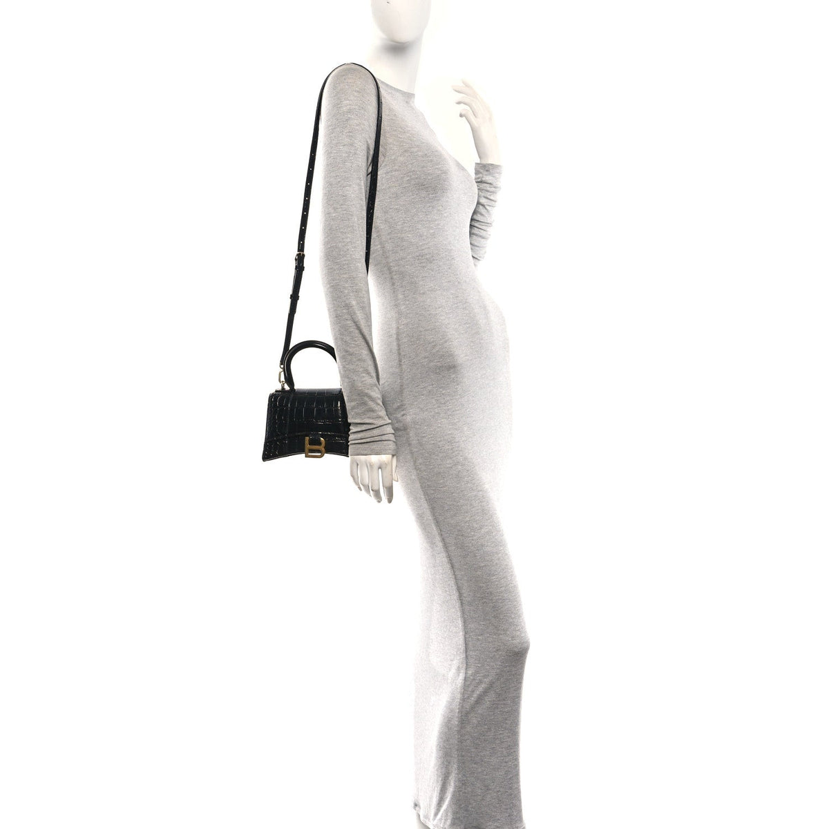 Shiny Calfskin Crocodile Embossed Hourglass Top Handle Bag XS Black