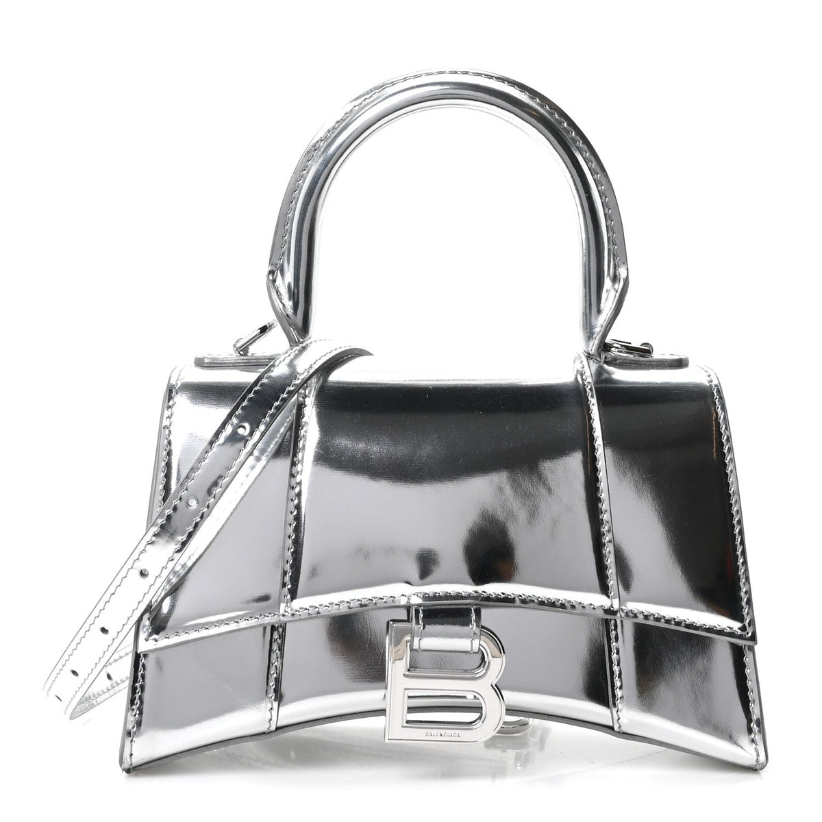 Metallic Calfskin Hourglass Top Handle Bag XS Silver