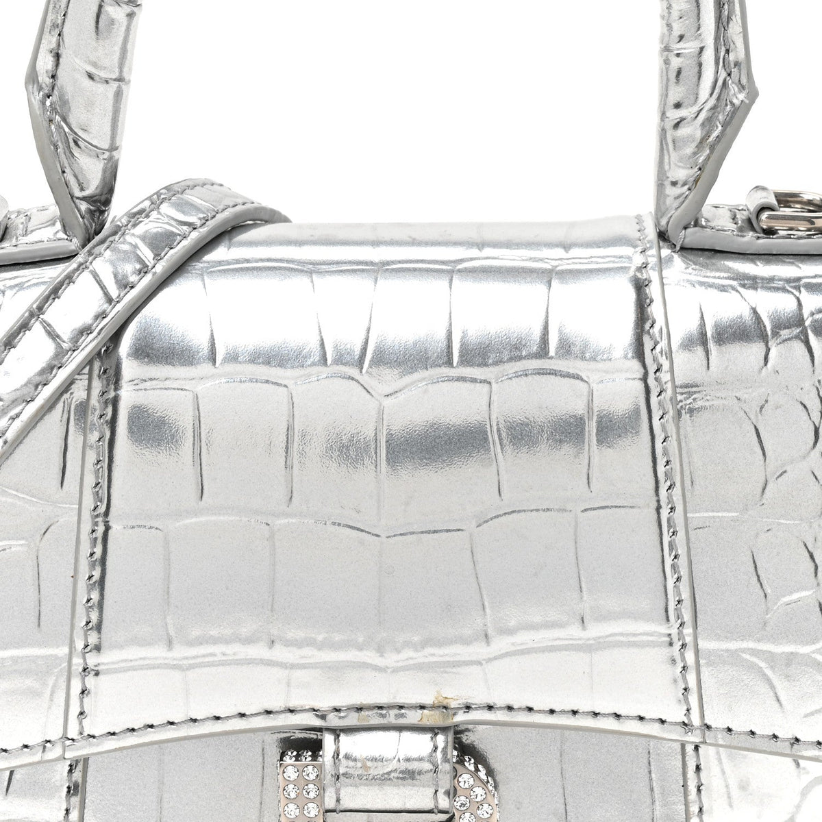 Metallic Calfskin Crocodile Embossed Crystal Hourglass Top Handle Bag XS Silver