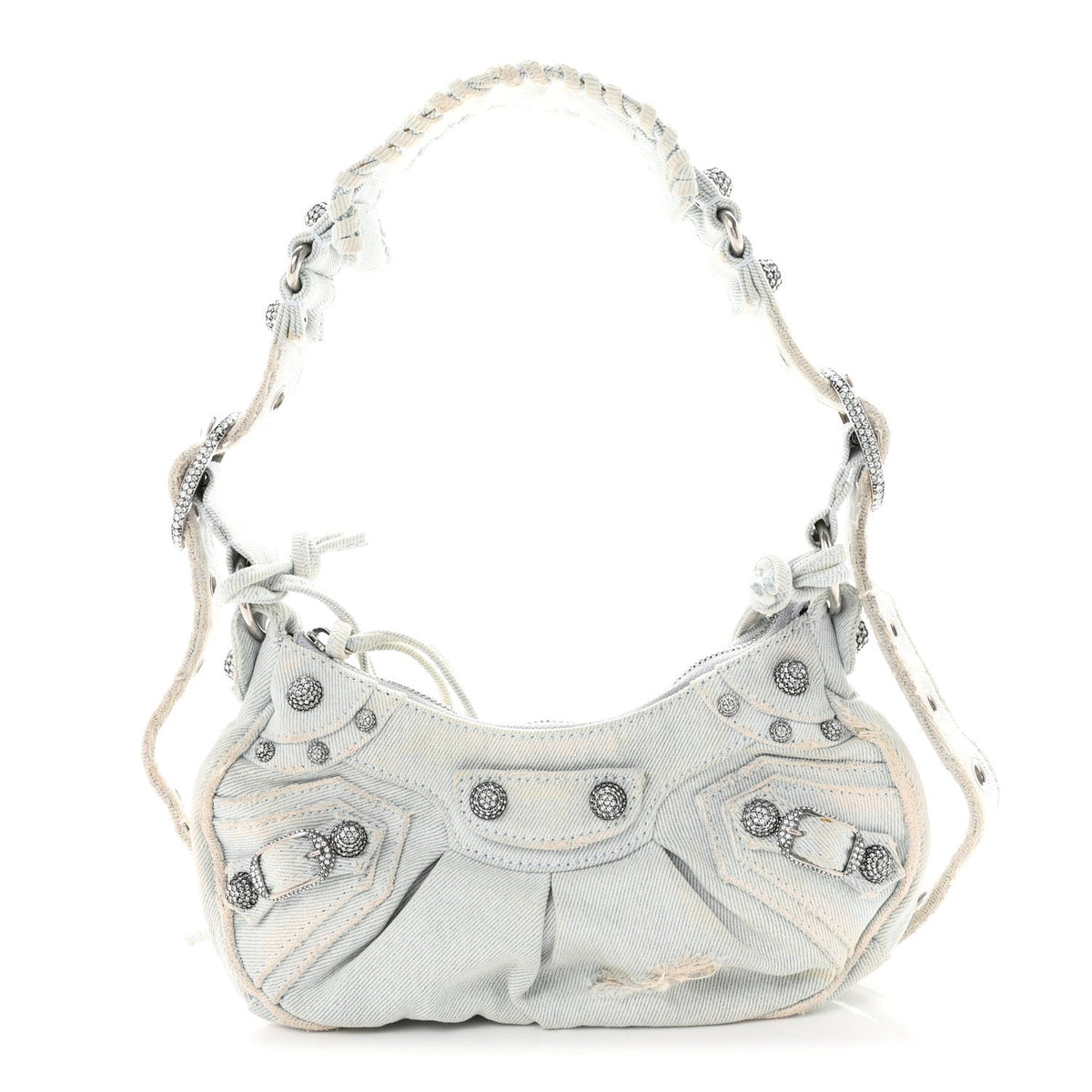 Washed Frayed Denim Crystal XS Le Cagole Shoulder Bag Pale Blue