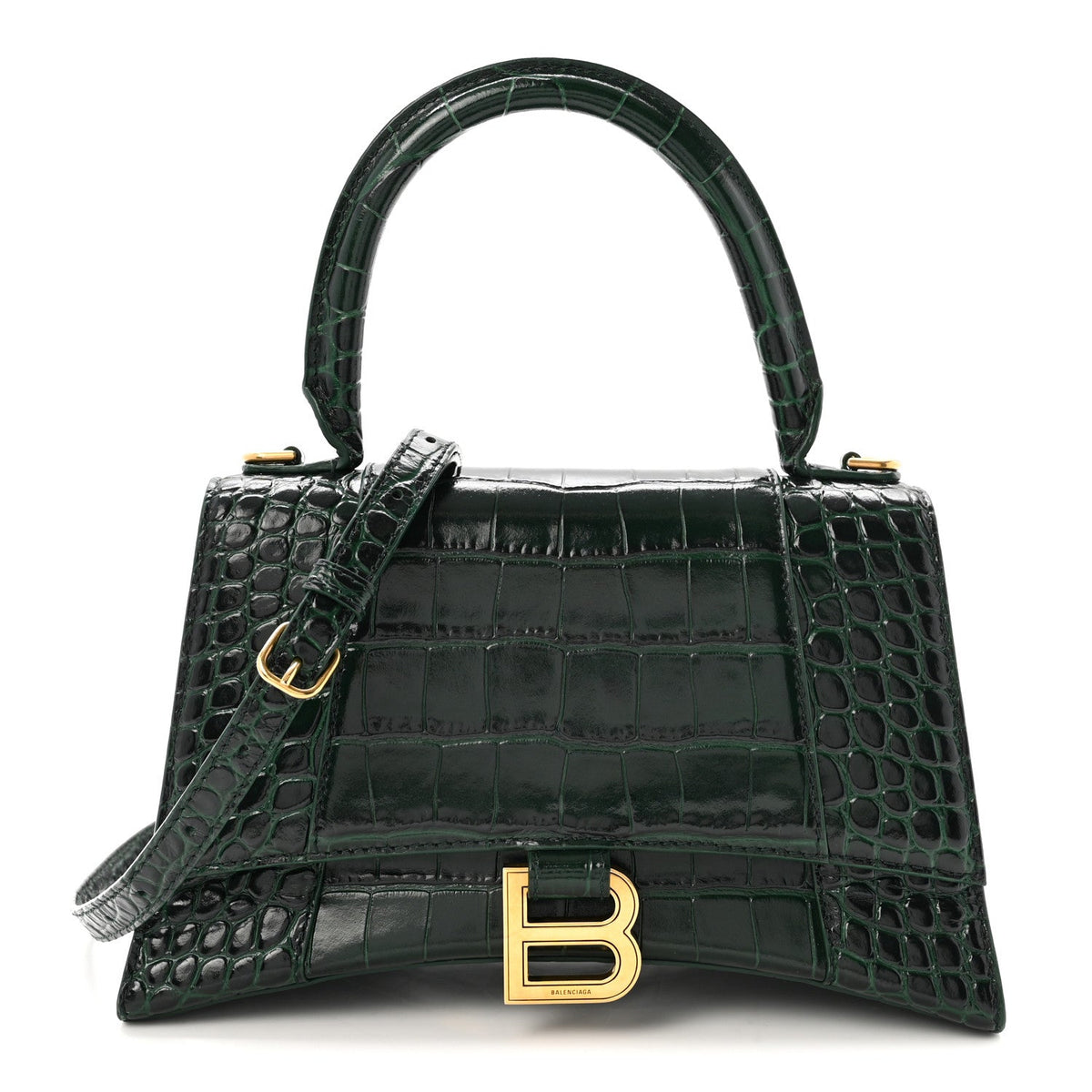 Shiny Calfskin Crocodile Embossed Small Hourglass Top Handle Bag Forest Green