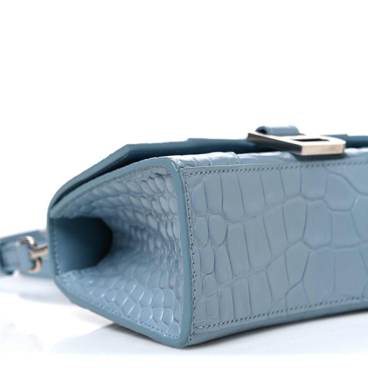 Shiny Calfskin Crocodile Embossed Hourglass Top Handle Bag XS Blue Grey