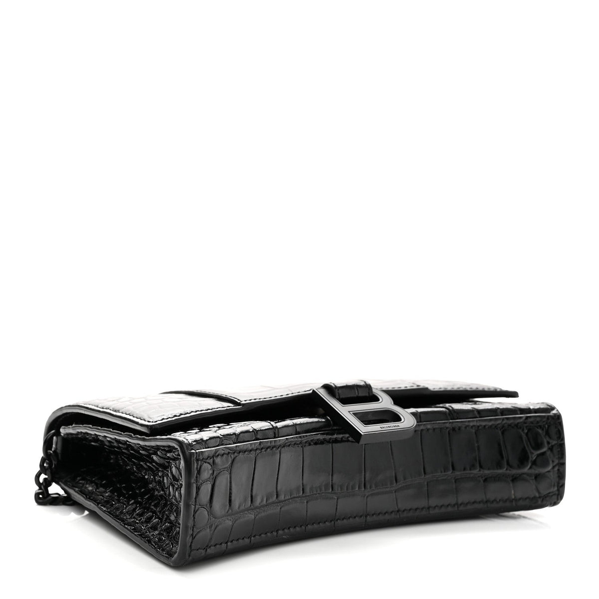 Shiny Calfskin Monochrome Crocodile Embossed Hourglass Chain Bag Black