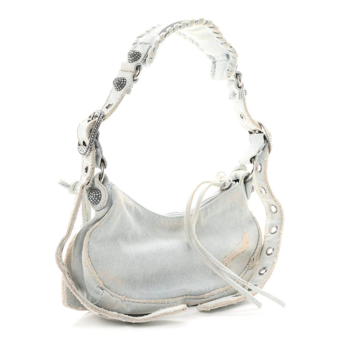 Washed Frayed Denim Crystal XS Le Cagole Shoulder Bag Pale Blue