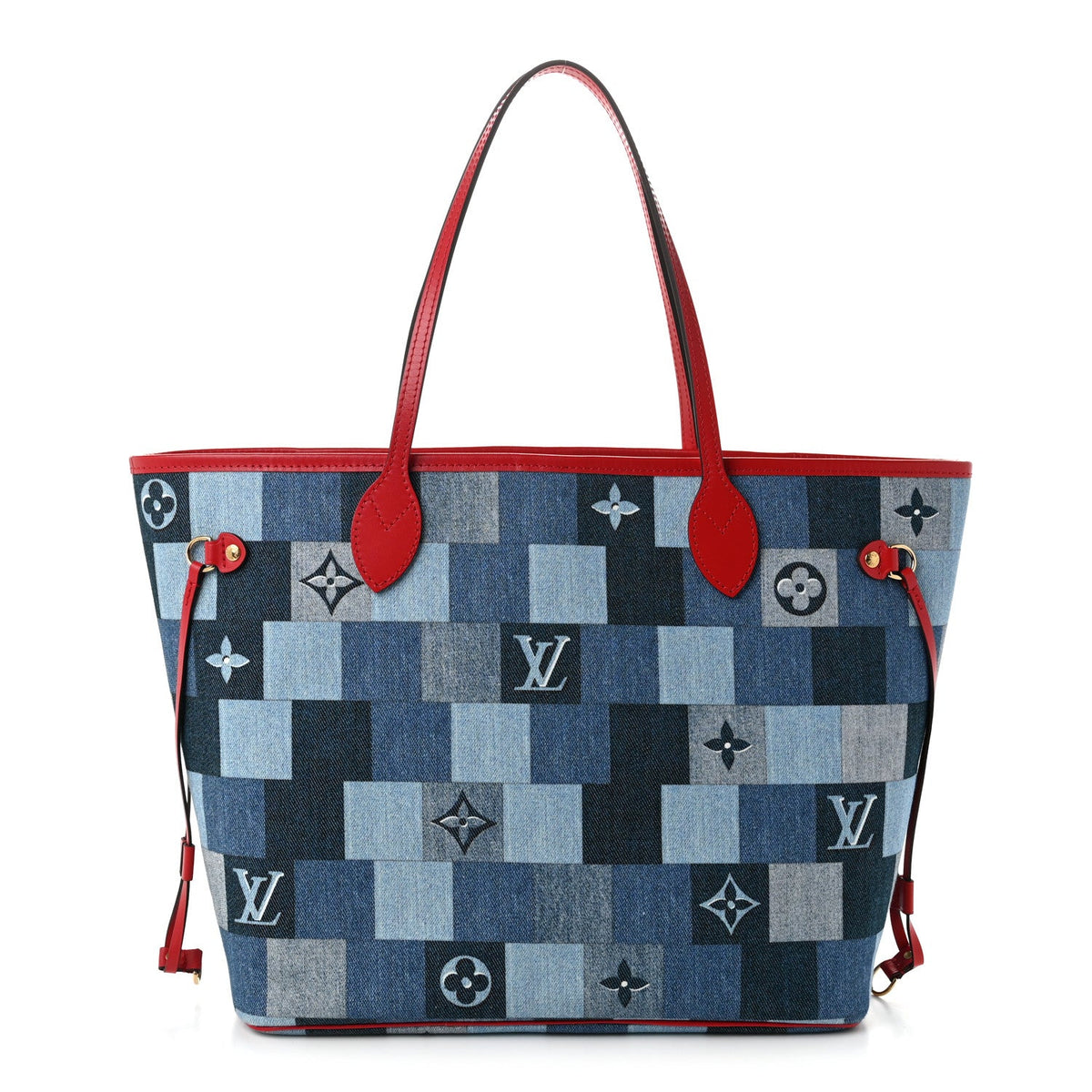 Denim Damier Monogram Patchwork Neverfull Blue Rouge