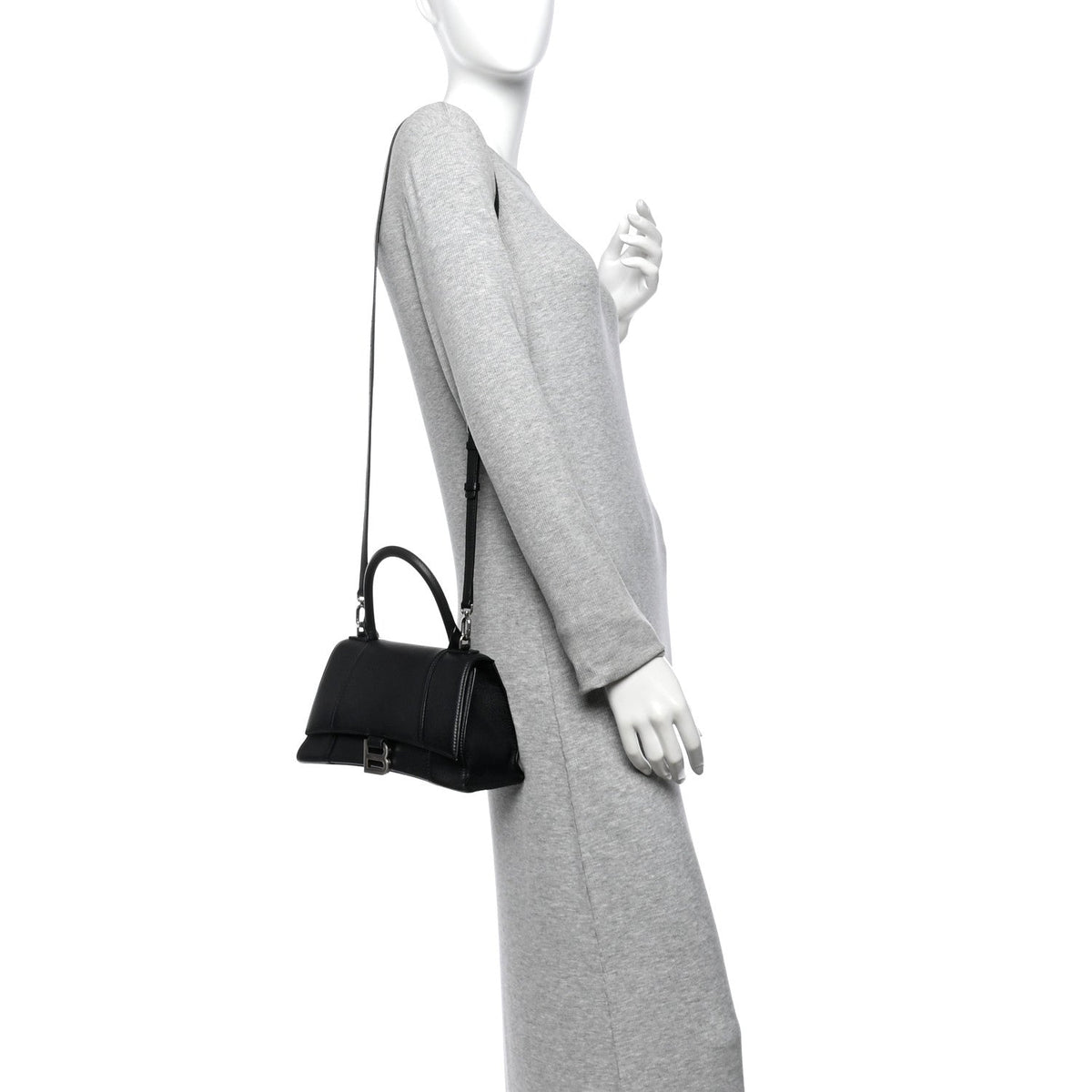 Grained Calfskin Small Hourglass Top Handle Bag Black
