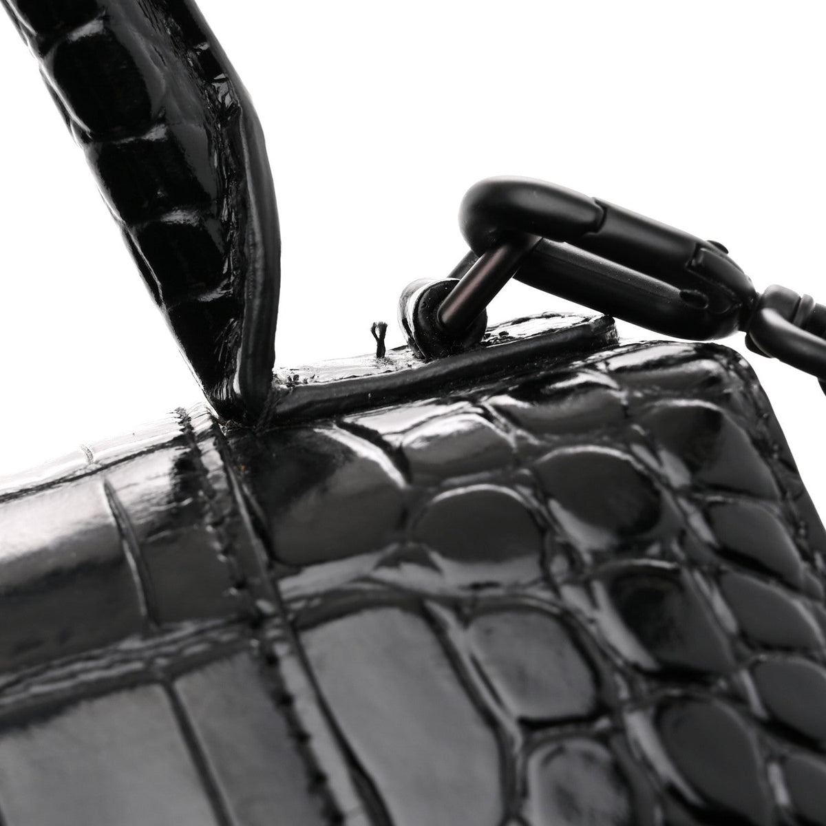 Shiny Calfskin Monochrome Crocodile Embossed Small Hourglass Top Handle Bag Black