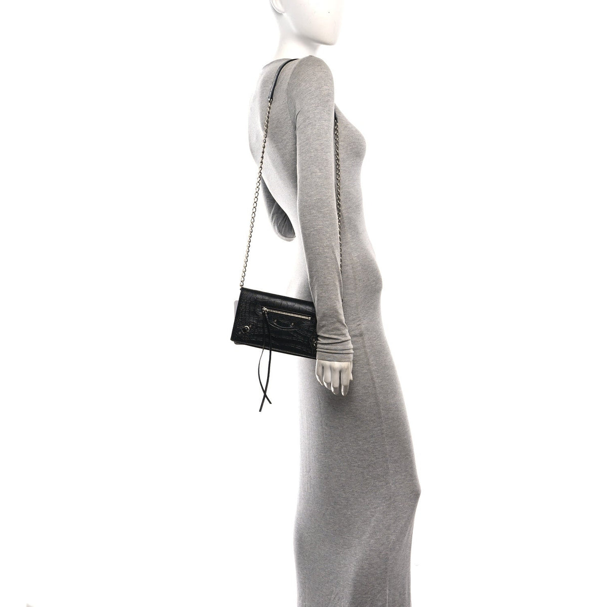 Crocodile Embossed Calfskin Classic Silver Hardware Le City Wallet On Chain Silver