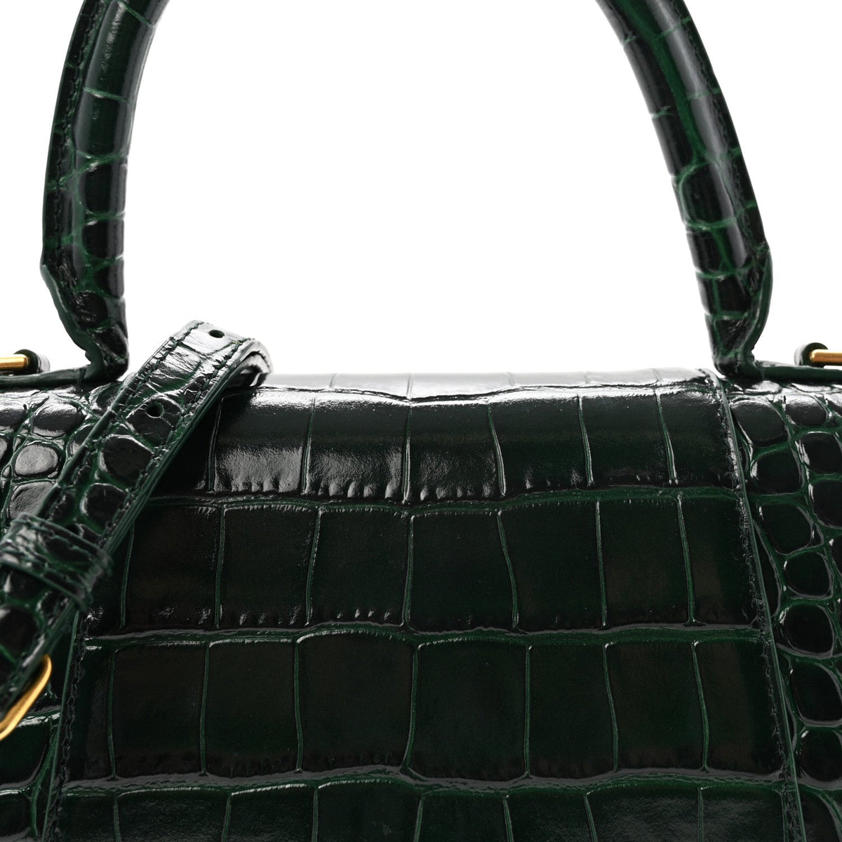Shiny Calfskin Crocodile Embossed Small Hourglass Top Handle Bag Forest Green