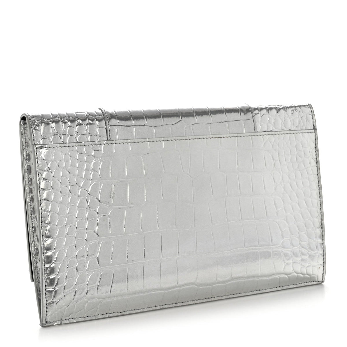 Metallic Calfskin Crocodile Embossed Hourglass Flap Flat Pouch Silver