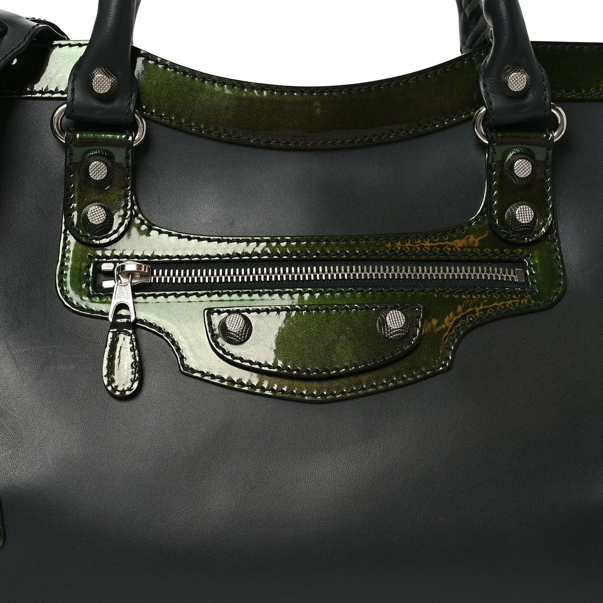 Smooth Calfskin Metallic Patent Giant 12 Silver Hardware City Vert Poker Fonce