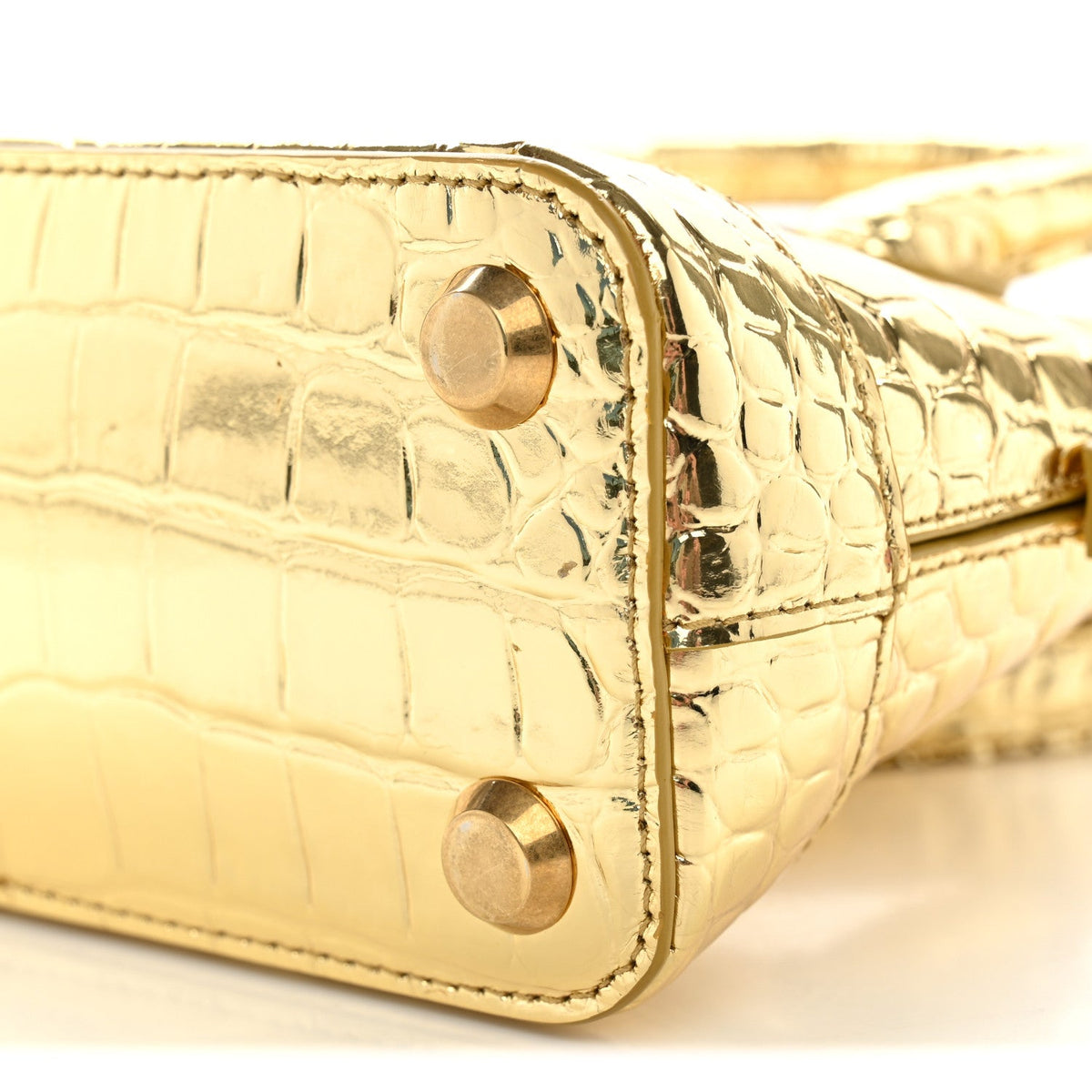 Metallic Calfskin Logo Crocodile Embossed XXS Ville Top Handle Bag Gold Black