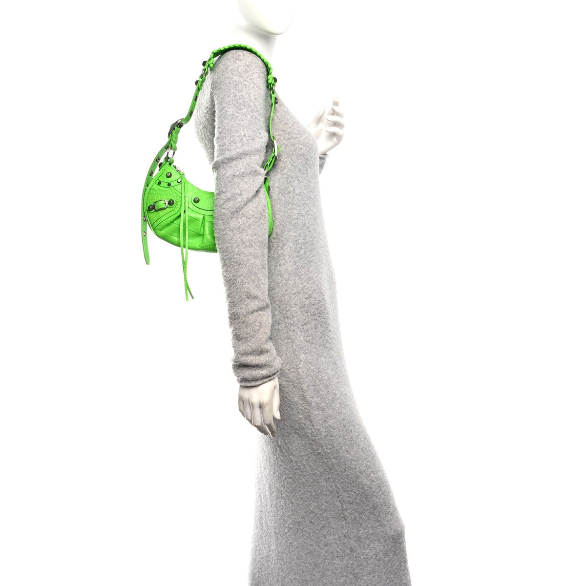 Extra Supple Calfskin Crocodile Embossed Le Cagole Shoulder Bag XS Acid Green