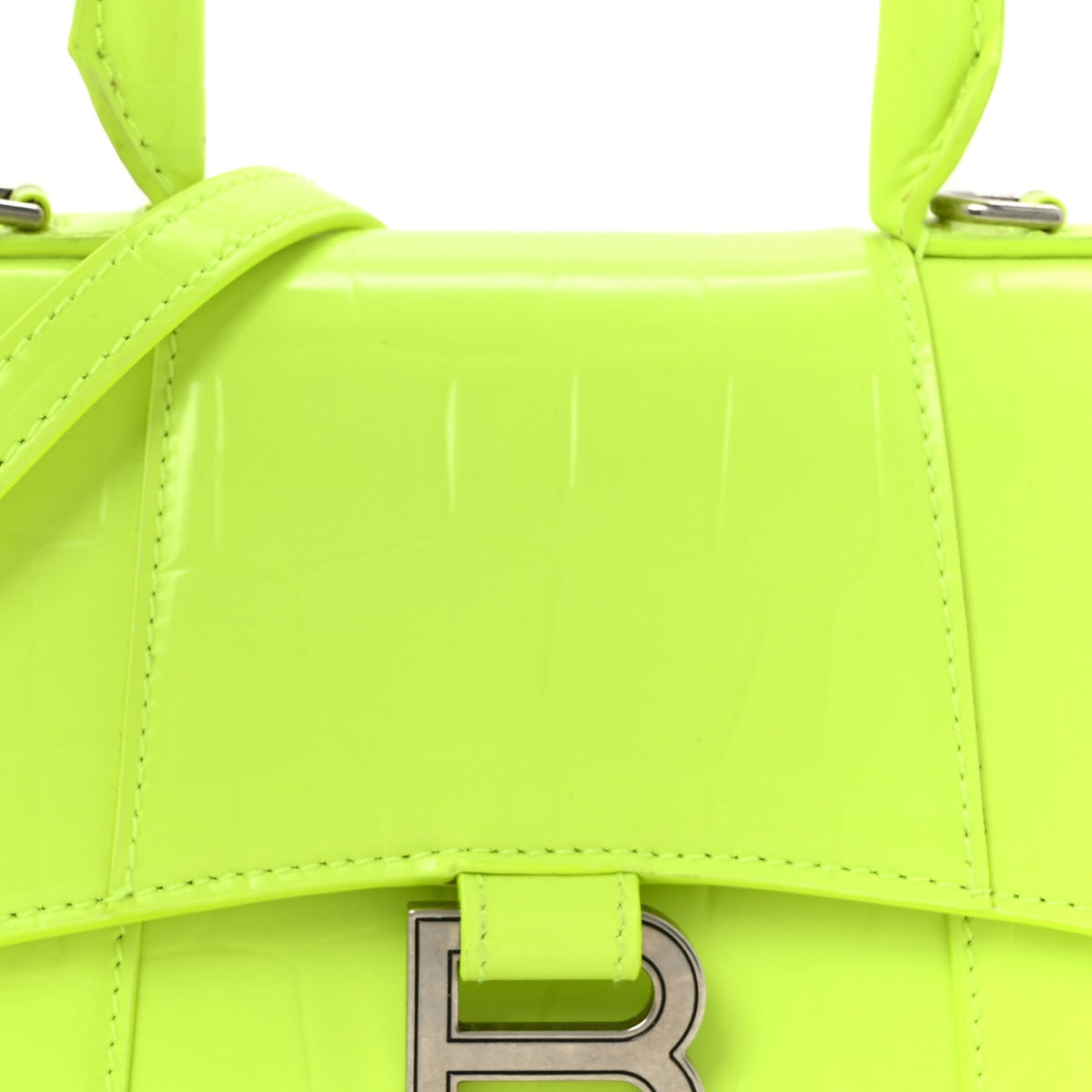 Shiny Calfskin Crocodile Embossed Hourglass Top Handle Bag XS Fluo Yellow