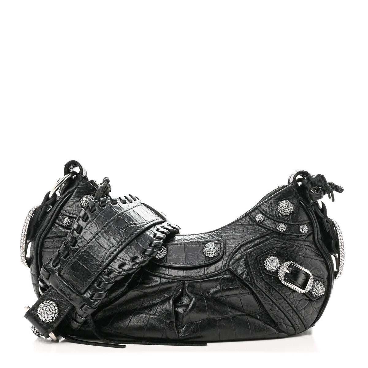 Extra Supple Calfskin Crystal Crocodile Embossed Le Cagole Shoulder Bag XS Black