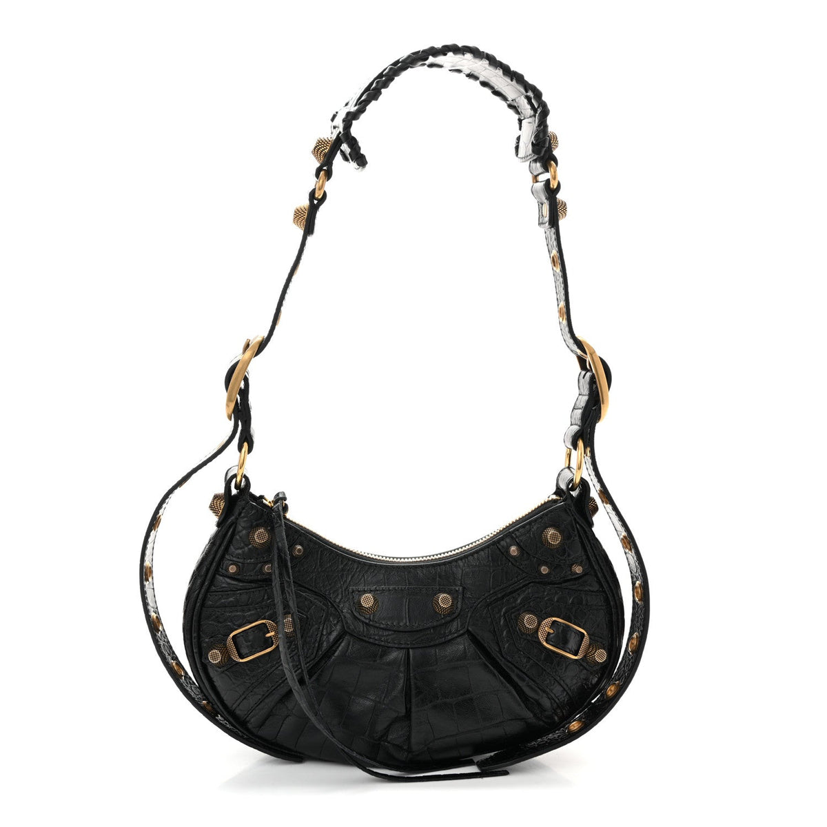Extra Supple Calfskin Crocodile Embossed Le Cagole Shoulder Bag XS Black