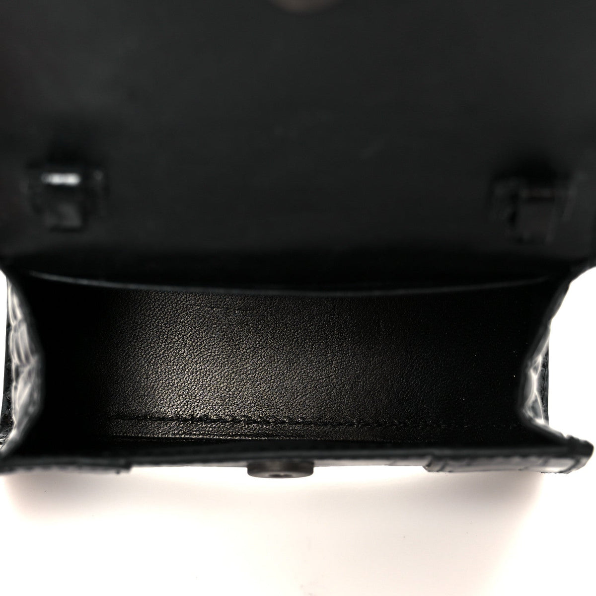 Shiny Calfskin Monochrome Crocodile Embossed Hourglass Top Handle Bag Mini Black