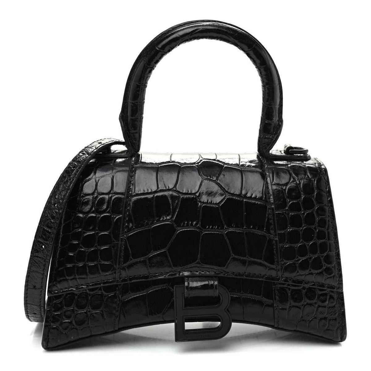 Shiny Calfskin Monochrome Crocodile Embossed Hourglass Top Handle Bag XS Black