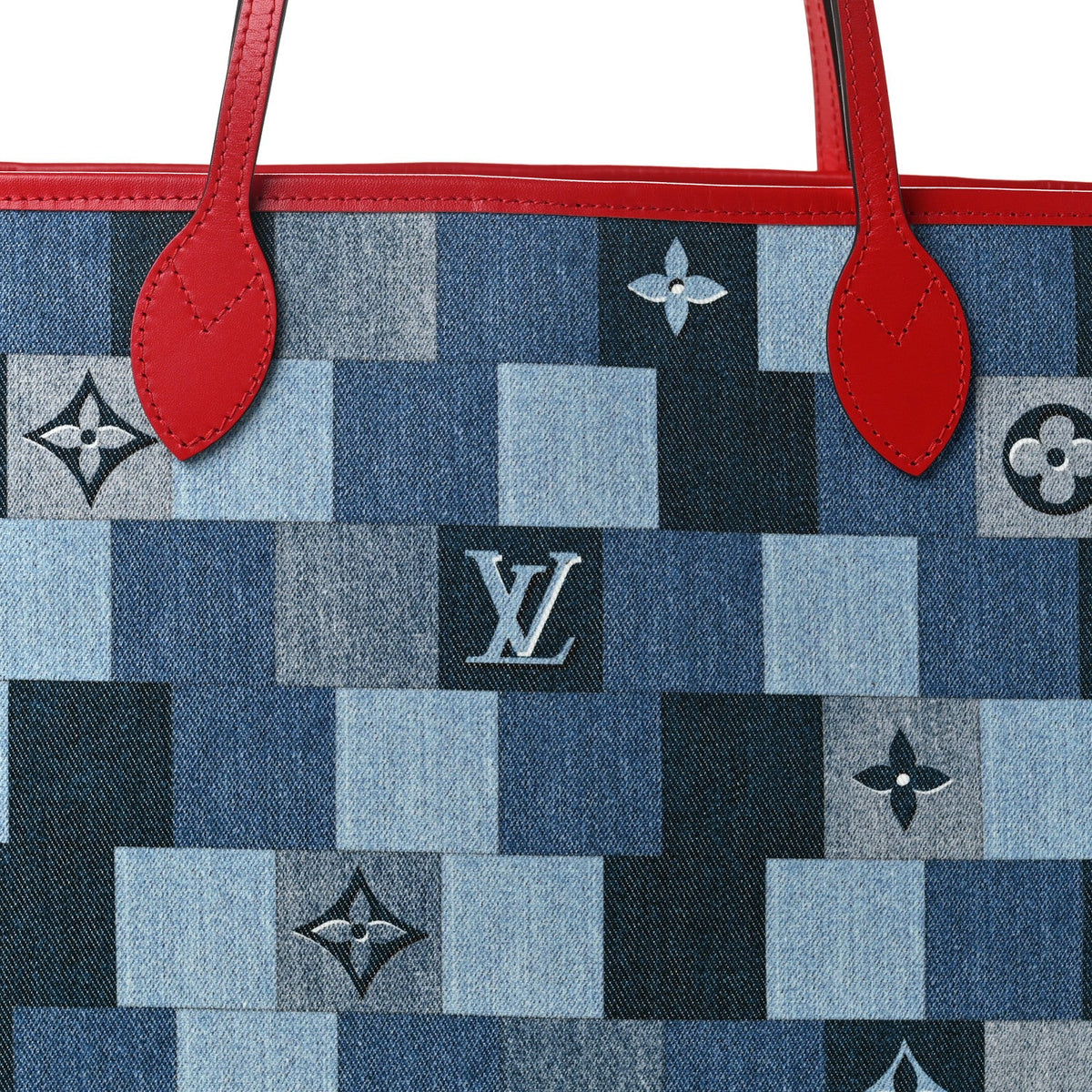 Denim Damier Monogram Patchwork Neverfull Blue Rouge