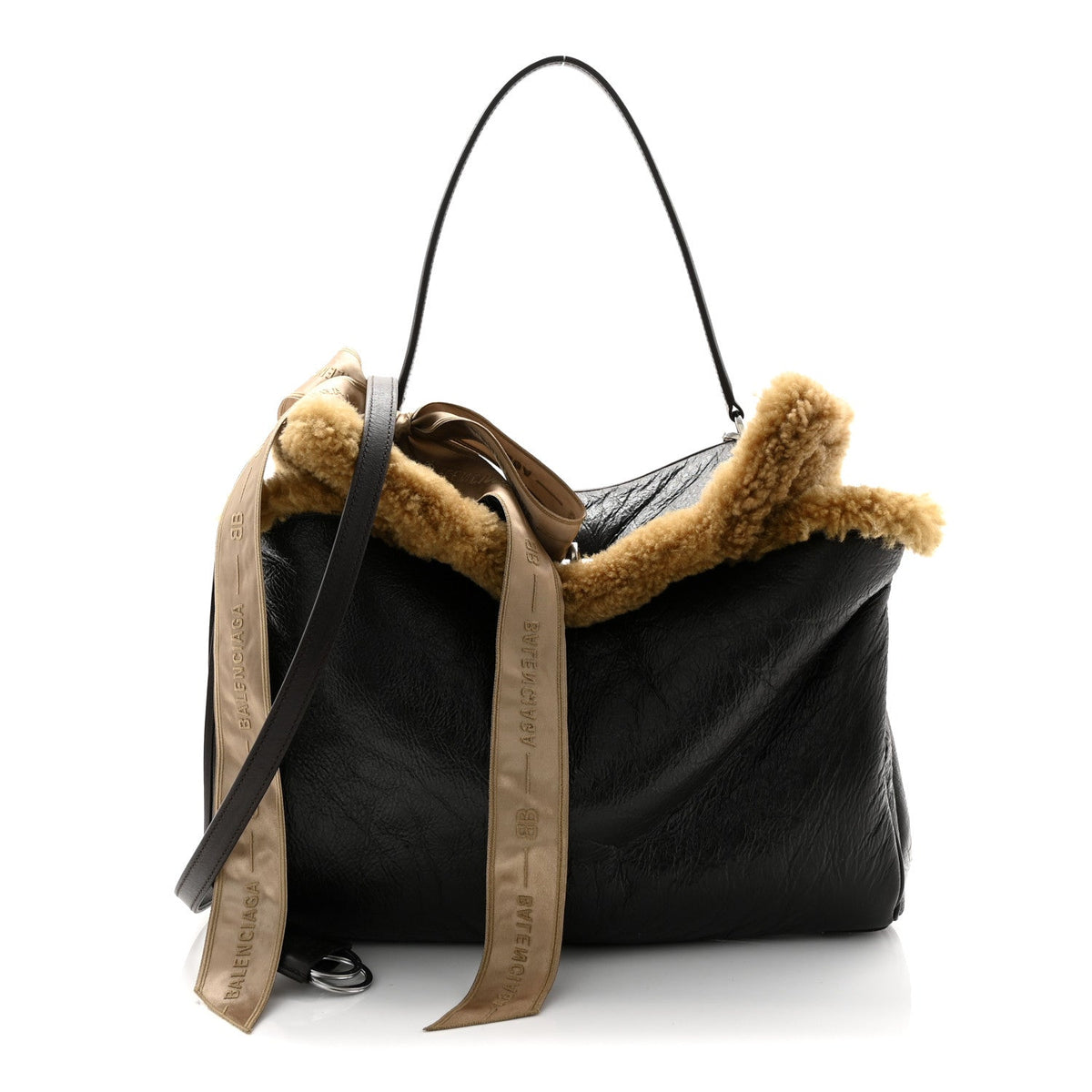 Crushed Calfskin Shearling Medium Rodeo Top Handle Handbag Brown Beige