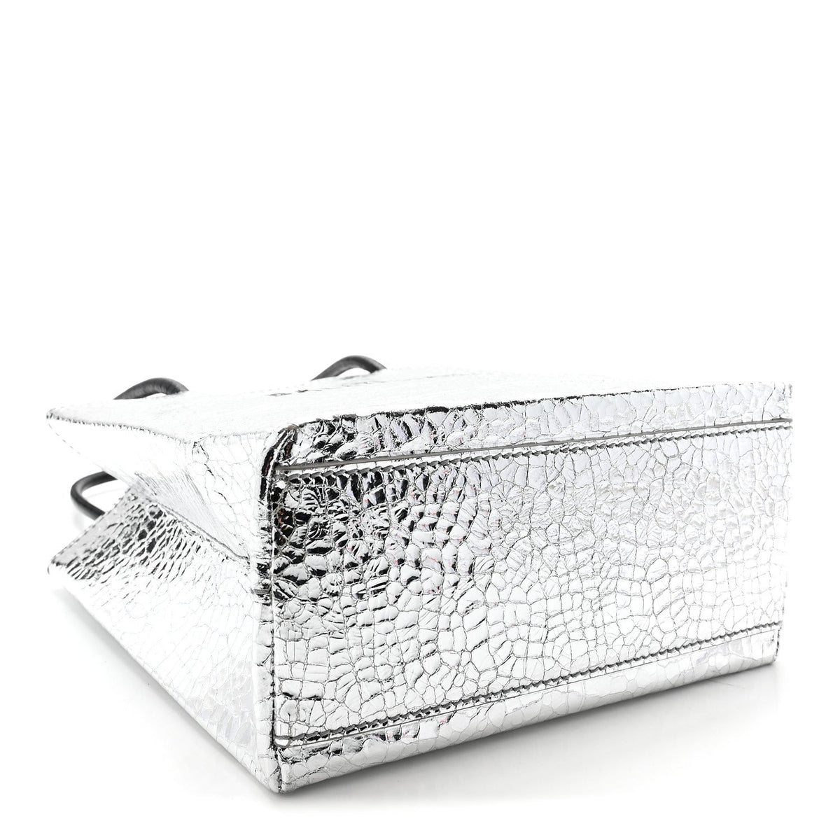 Crackled Mirror Calfskin Logo North South Shopper Tote XXS Silver