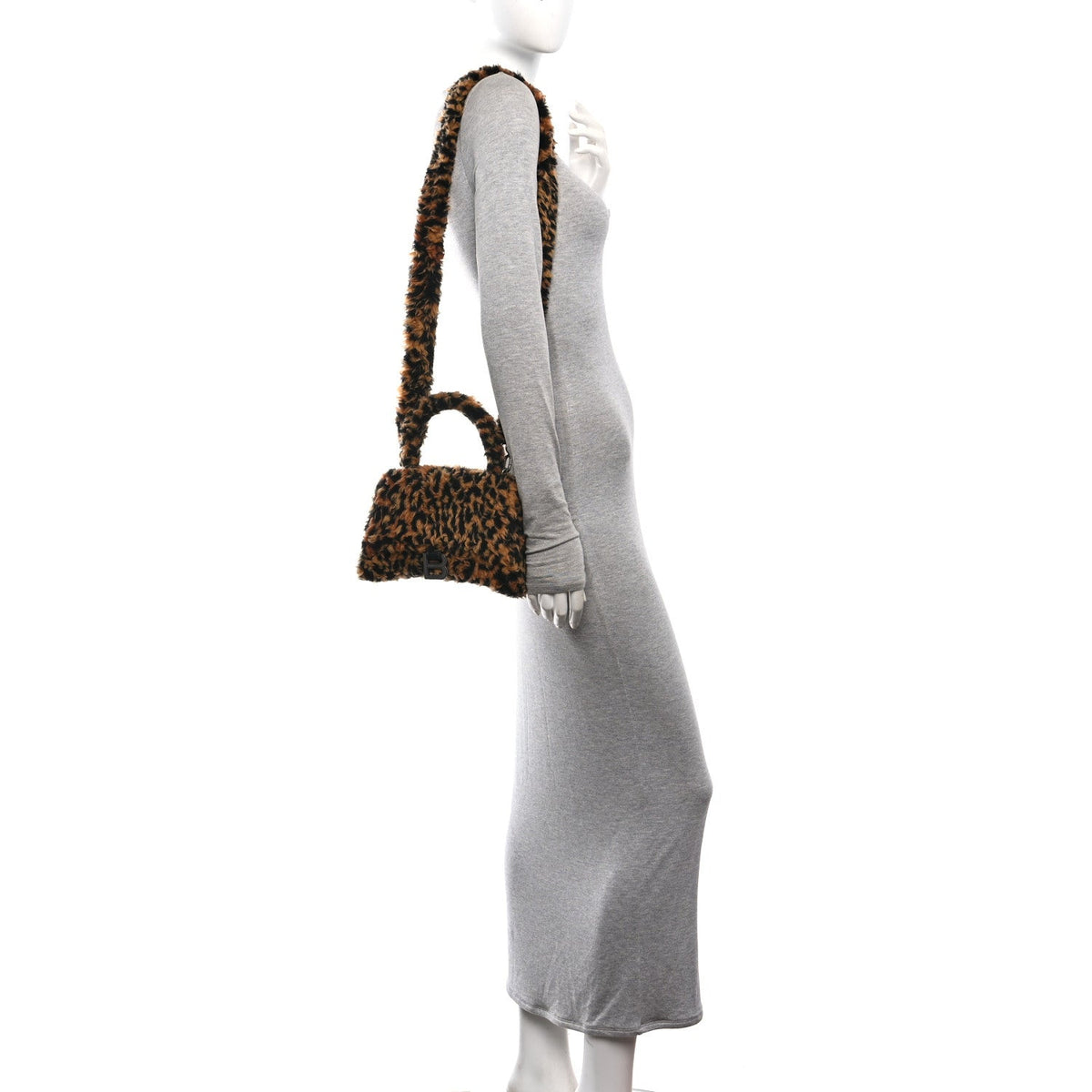 Fleece Leopard Print Small Hourglass Top Handle Bag Brown