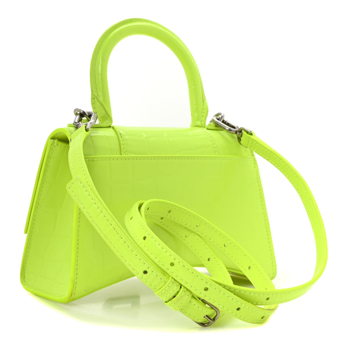 Shiny Calfskin Crocodile Embossed Hourglass Top Handle Bag XS Fluo Yellow