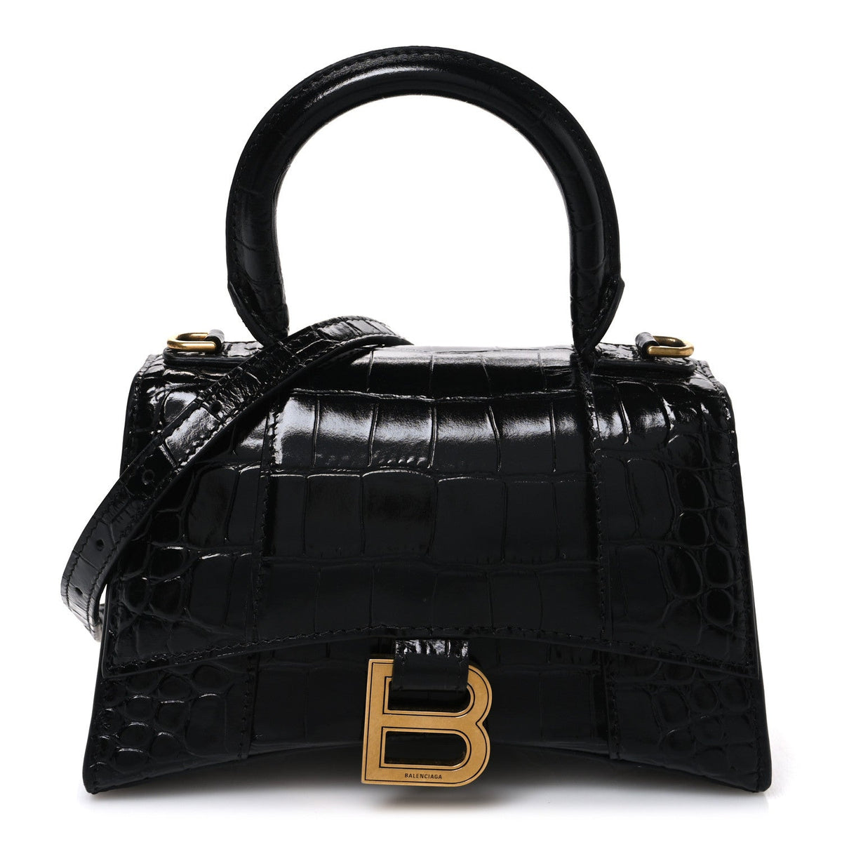 Shiny Calfskin Crocodile Embossed Hourglass Top Handle Bag XS Black