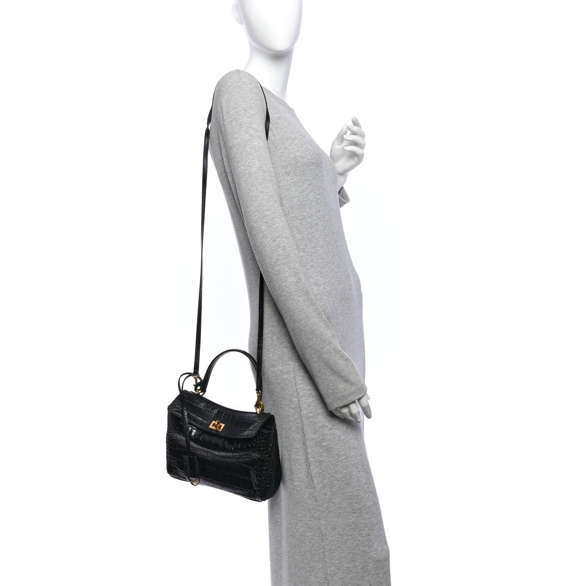 Shiny Calfskin Crocodile Embossed Mini Rodeo Top Handle Handbag Black