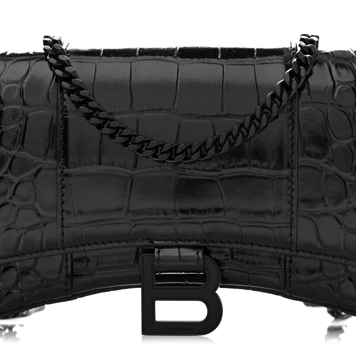 Shiny Calfskin Monochrome Crocodile Embossed Hourglass Chain Bag Black