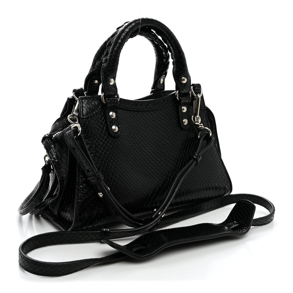 Grained Calfskin Snake Effect Silver Hardware Neo Classic Mini City Black