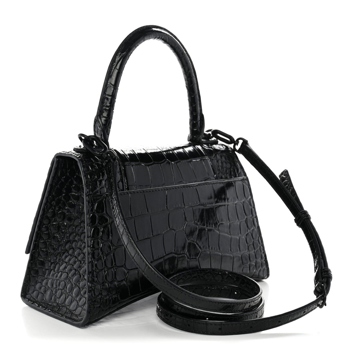 Shiny Calfskin Monochrome Crocodile Embossed Small Hourglass Top Handle Bag Black