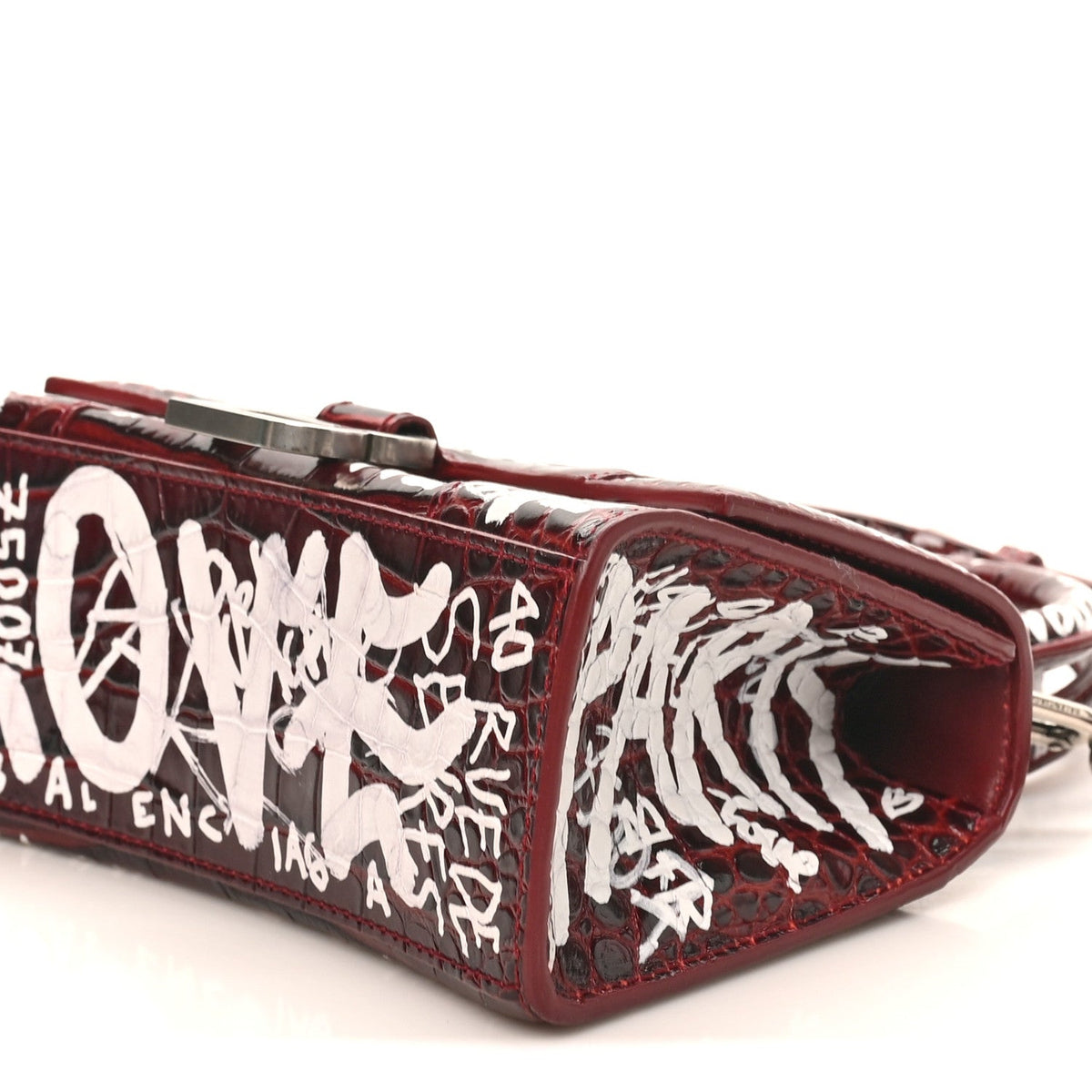 Crocodile Embossed Calfskin Graffiti Hourglass Top Handle Bag XS Dark Red White