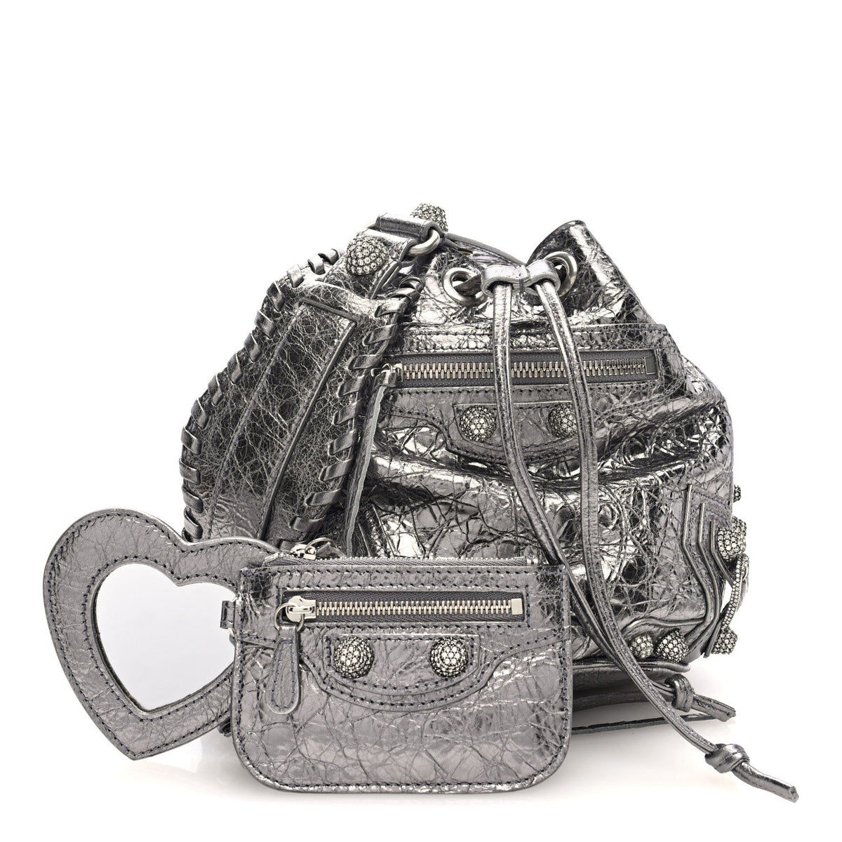 Metallic Agneau Arena Crystal Le Cagole Bucket Bag XS Silver