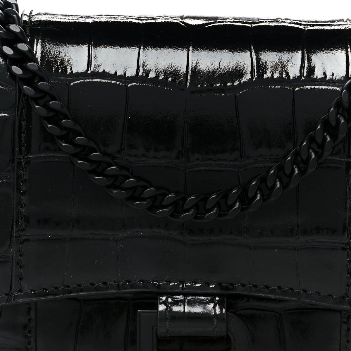 Shiny Calfskin Monochrome Crocodile Embossed Hourglass Chain Bag Black
