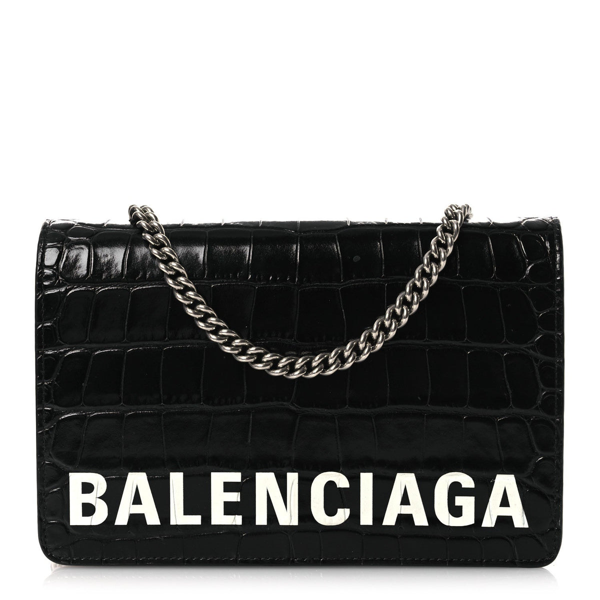 Shiny Calfskin Logo Crocodile Embossed Ville Wallet on Chain Black